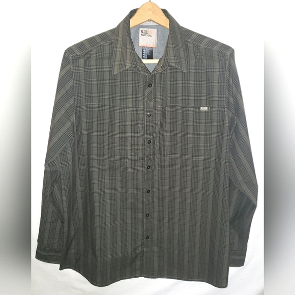 511 Tactical Shirt Mens L  Large Snap Button Green & Black Plaid Long Sleeve - Picture 1 of 11